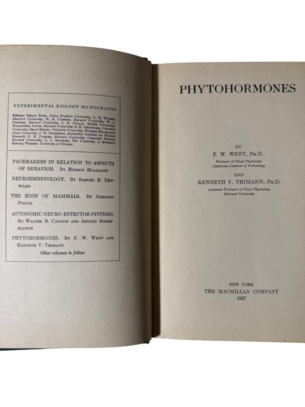 Experimental Biology Monographs Phytohormones 1937 Hardcover By F.W. Went & K.V.